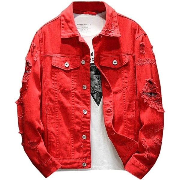 Ripped Slim Fit Denim Jacket - Red / S - Jackets