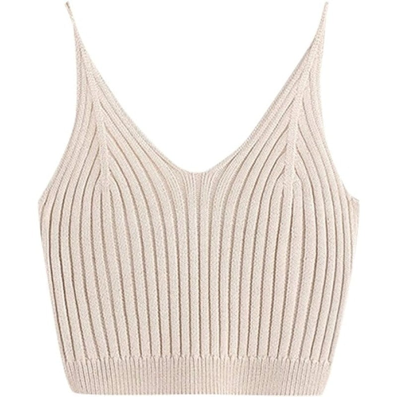 Solid Color Ribbed Knit Crop Top - Apricot / ONE SIZE