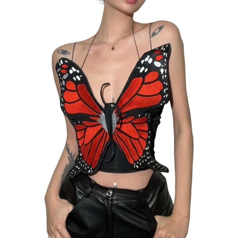 Butterfly Sleeveless Crop Top Corset - Red / S