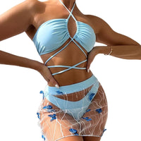Thumbnail for Lace-up Split Three-Piece Set Swimwear - Blue / S