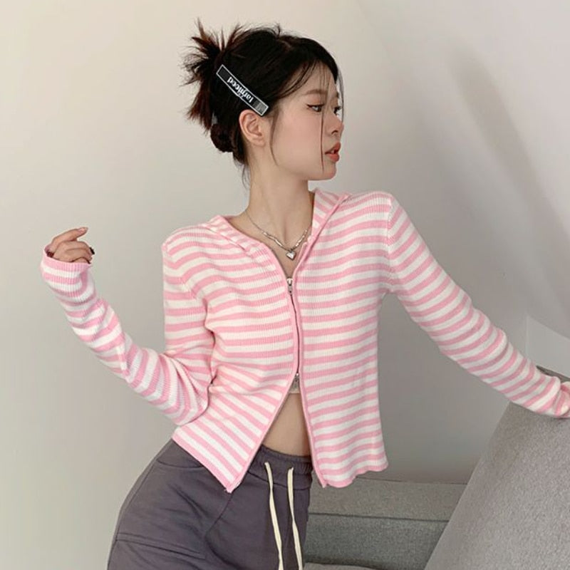 Striped Long Sleeve Hooded Knitted Cardigan