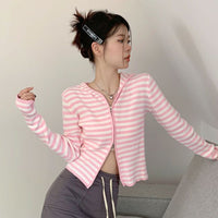 Thumbnail for Striped Long Sleeve Hooded Knitted Cardigan