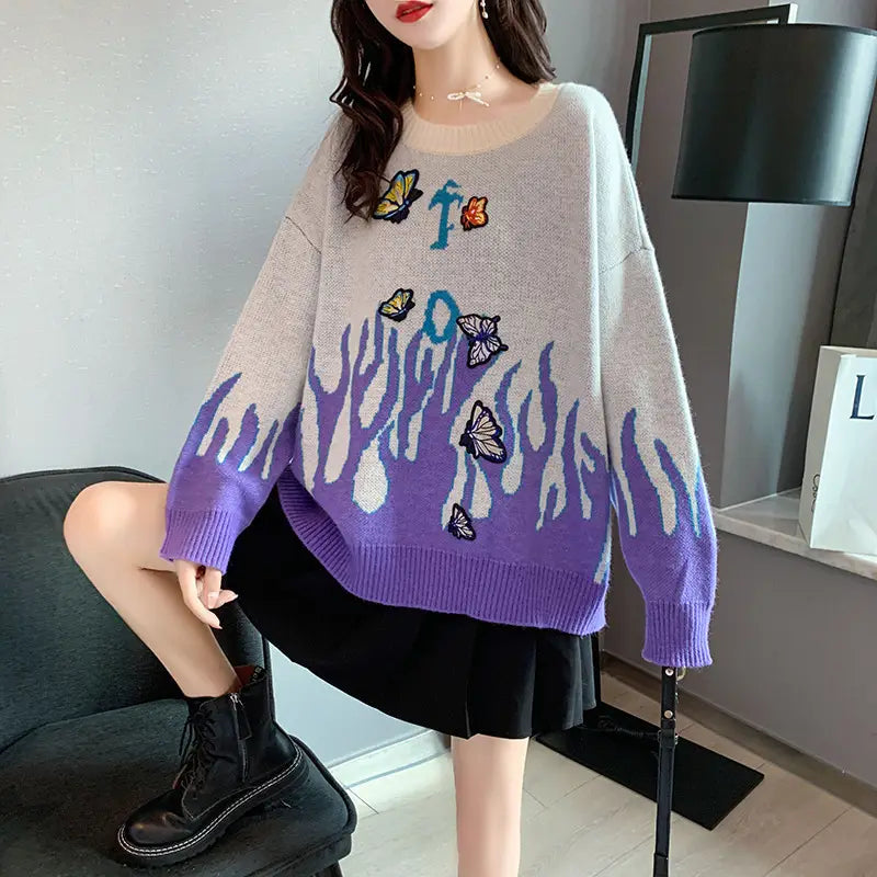 Butterflies Embroidered Flame Sweater