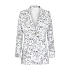 Women Abstract Faces Long Sleeves Lapel Suit Blazer
