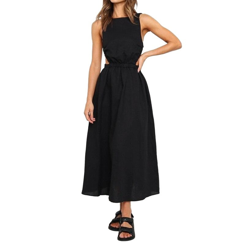 Solid Color Sleeveless Backless Elastic Waist Dress - Black