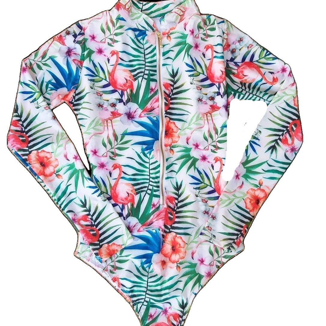 Colour Flower Swimwear With Zipper - White flowers / S -
