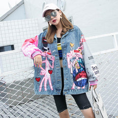 Pink-Panther Embroidered Oversize Denim Jacket