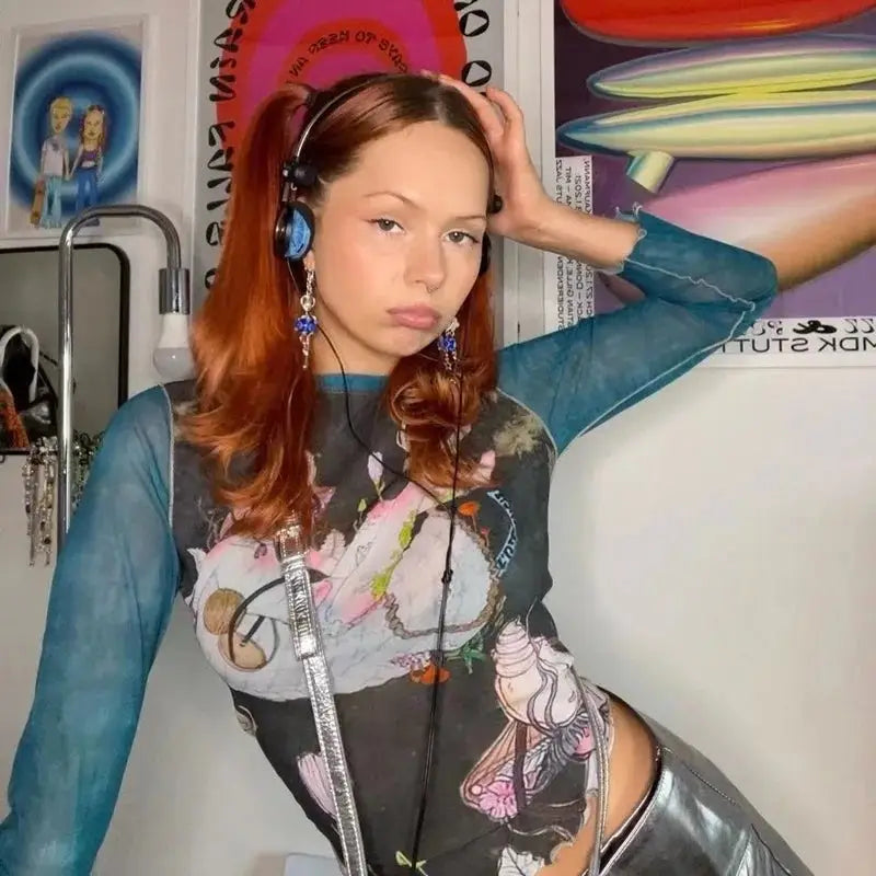 90s Mesh Long Sleeve Blouse for Women