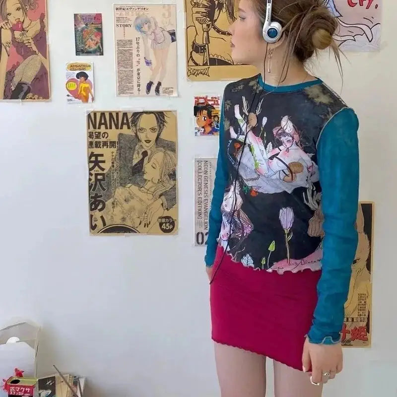 90s Mesh Long Sleeve Blouse for Women