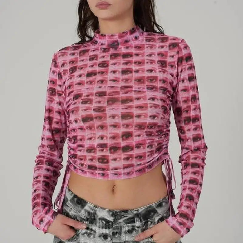 90s Style Mesh Long Sleeve Blouse - Pink / S