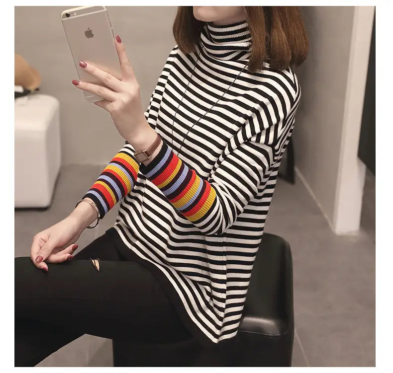 Rainbow Turtleneck Striped Sweater