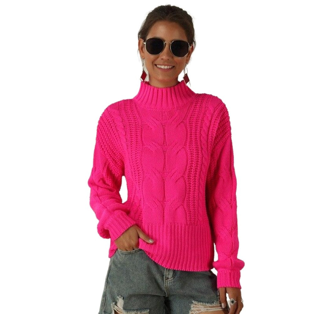 Turtleneck Solid Color Ribbed Knitted Sweater - Neon-Fuchsia