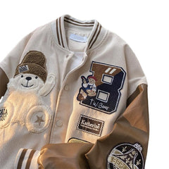 Bear Embroidered Baseball Jacket - Beige / M