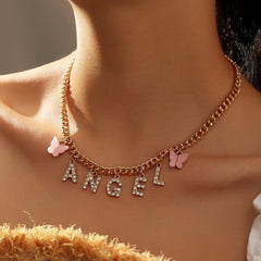 Butterfly Rhinestone Letter Necklace