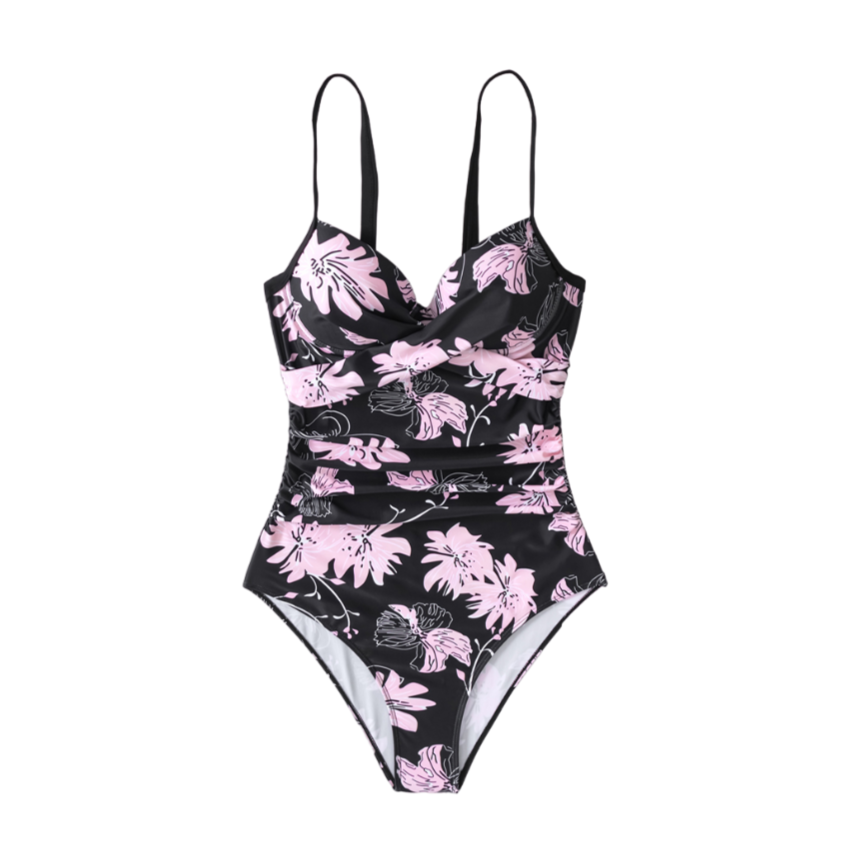 Printed Sling One-Piece Swimsuit - Black Pink / S -
