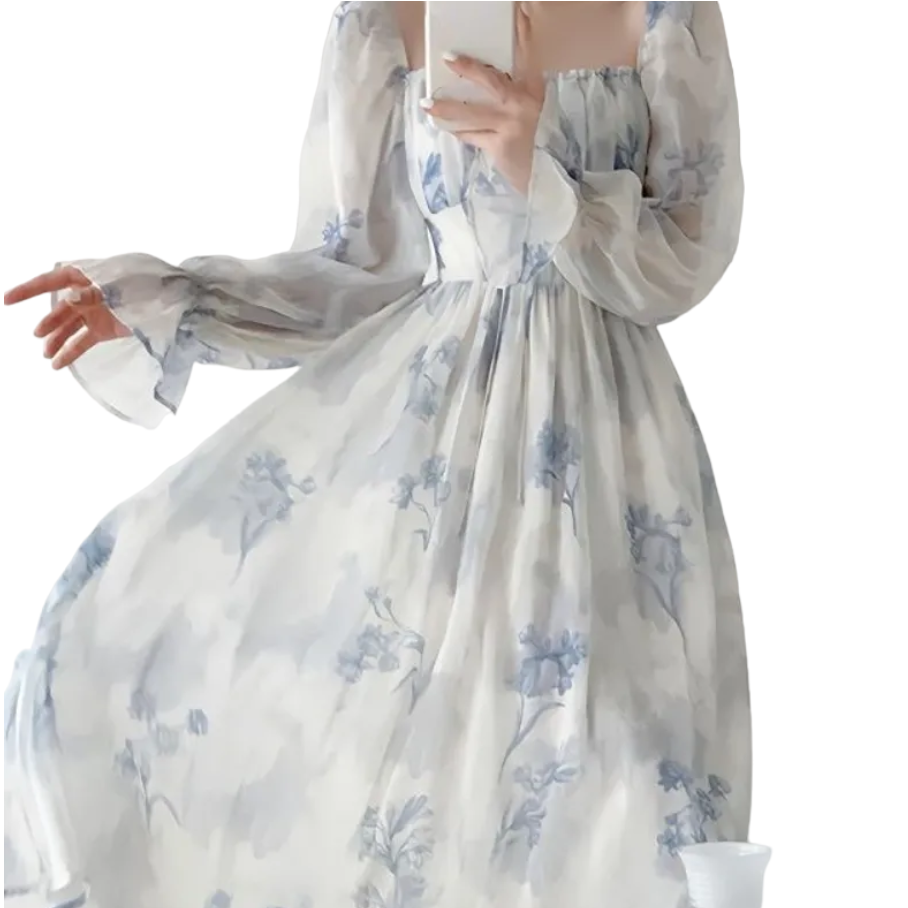 Vintage Elegant Floral Midi Dress - White Blue / S