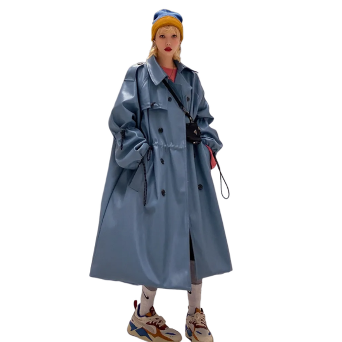 Waterproof Blue PU Leather Trench Coat - S