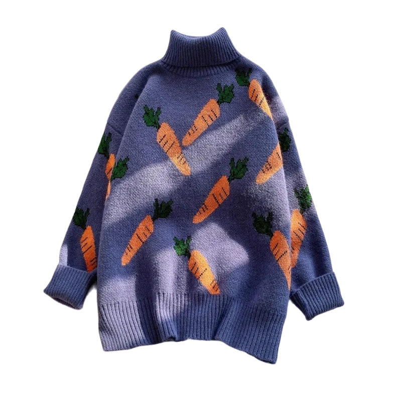 Carrot Print Lantern Sleeve Sweater - Turtleneck Purple /