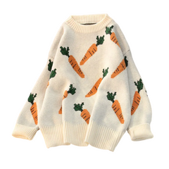 Carrot Print Lantern Sleeve Sweater - O Neck White /