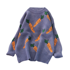 Carrot Print Lantern Sleeve Sweater - O Neck Purple /