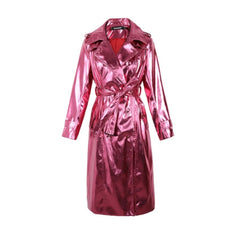 Reflective PU Leather Trench Coat - Magenta / S