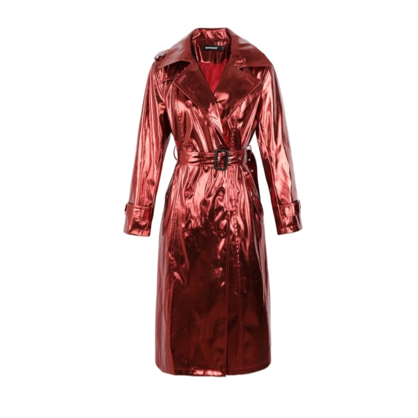 Reflective PU Leather Trench Coat - Red / S
