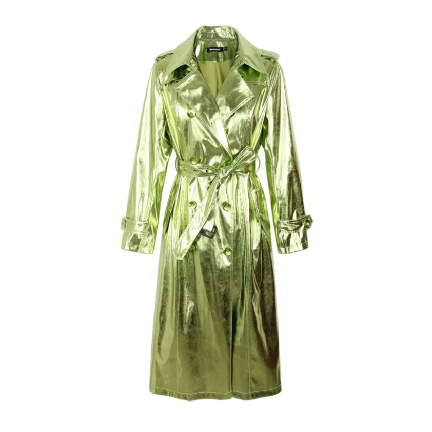 Reflective PU Leather Trench Coat - Green / S