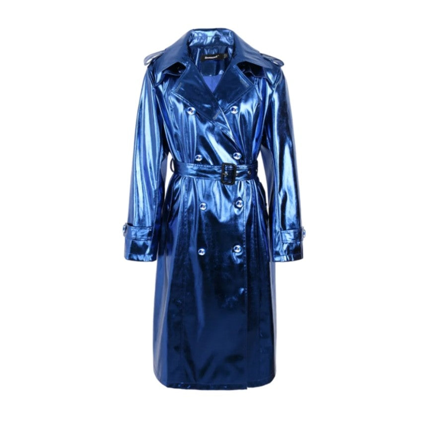 Reflective PU Leather Trench Coat - Blue / S