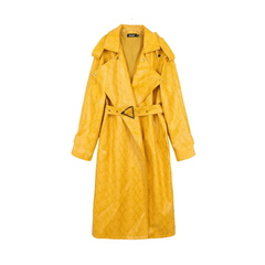 Snakeskin Print PU Leather Trench Coat - Yellow / S