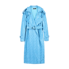 Snakeskin Print PU Leather Trench Coat - Blue / S