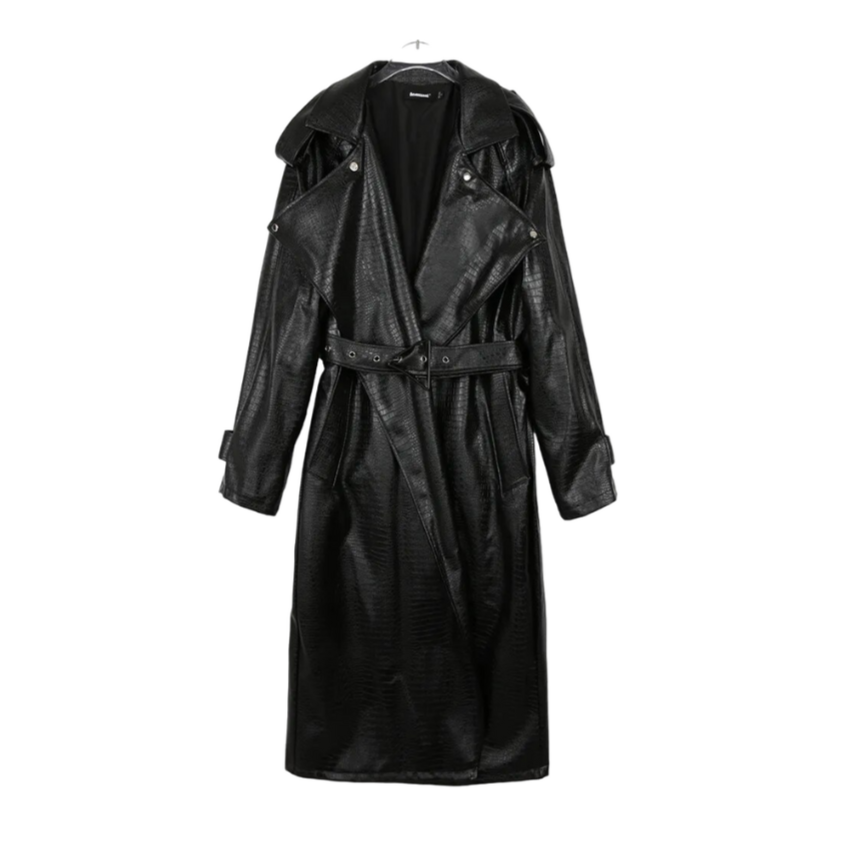 Snakeskin Print PU Leather Trench Coat - Black / S