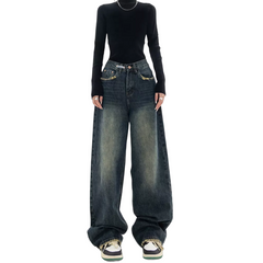 Harajuku Vintage High-Waist Wide Jeans - Black Grey / L