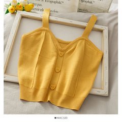Heart Buttons Knitted Sleeveless Crop Top - Yellow / S