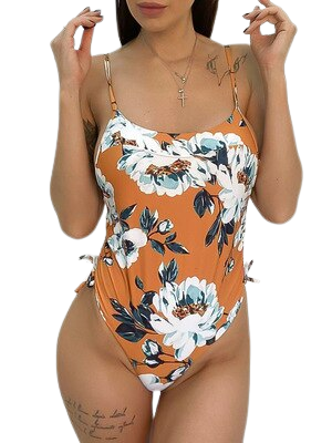 Floral Print One Piece Fullcolor Swimsuit - Orange / S