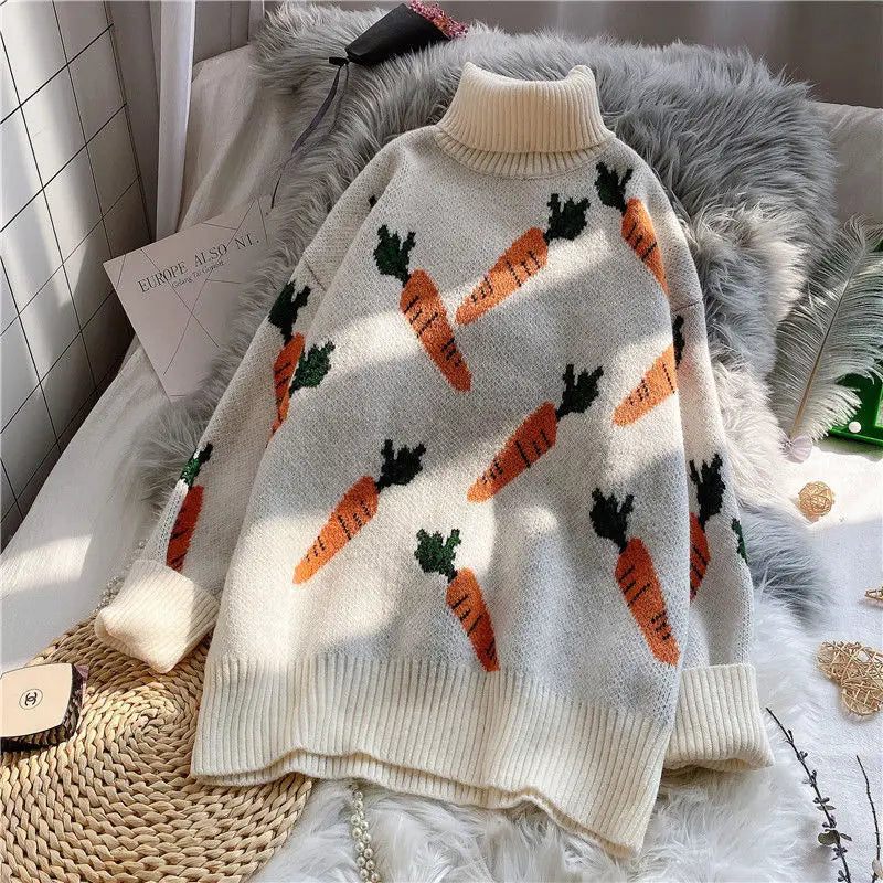 Carrot Print Lantern Sleeve Sweater