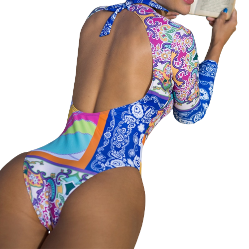 Floral Print Backless String Monokini - Swimsuit