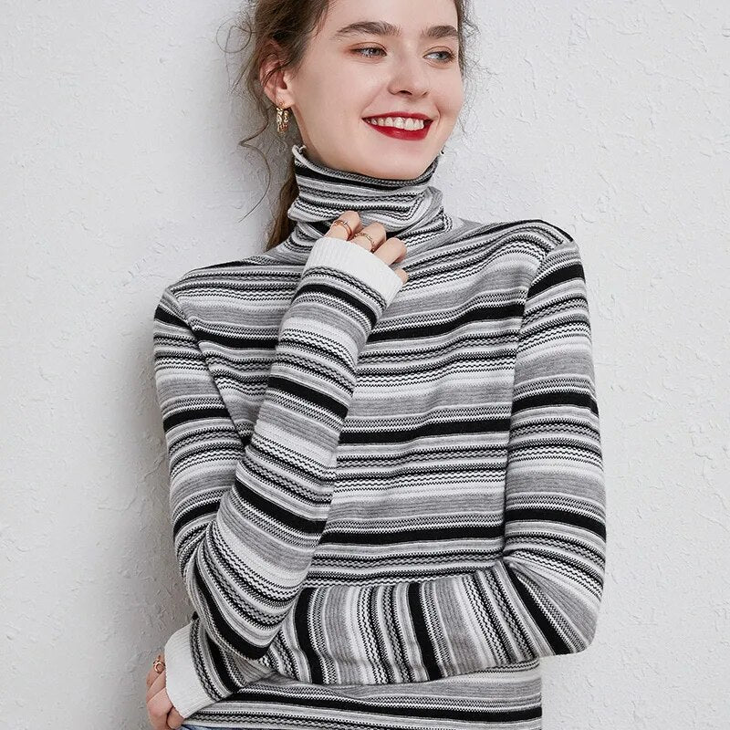 Striped Turtleneck Long Sleeve Sweatshirt - Grey / S -