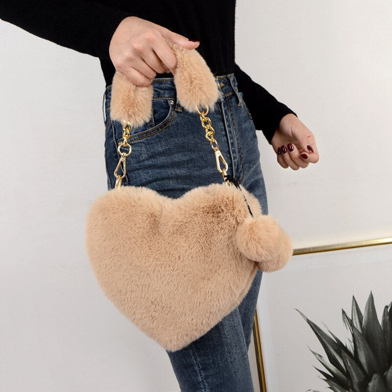 Faux Fur Heart Shaped Small Handbag - Bag