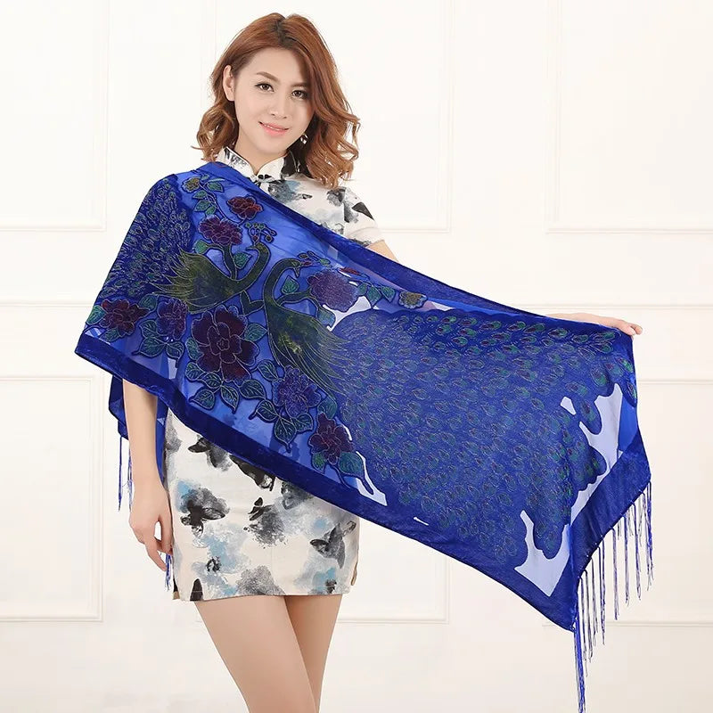 Shawl Double Peacock Silk Pashmina Tassel Cloak Poncho