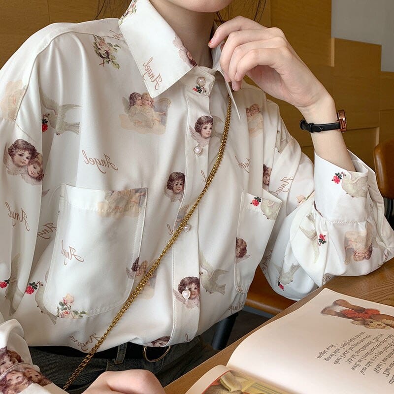 Harajuku Angel Print Damen Vintage Elegante Bluse