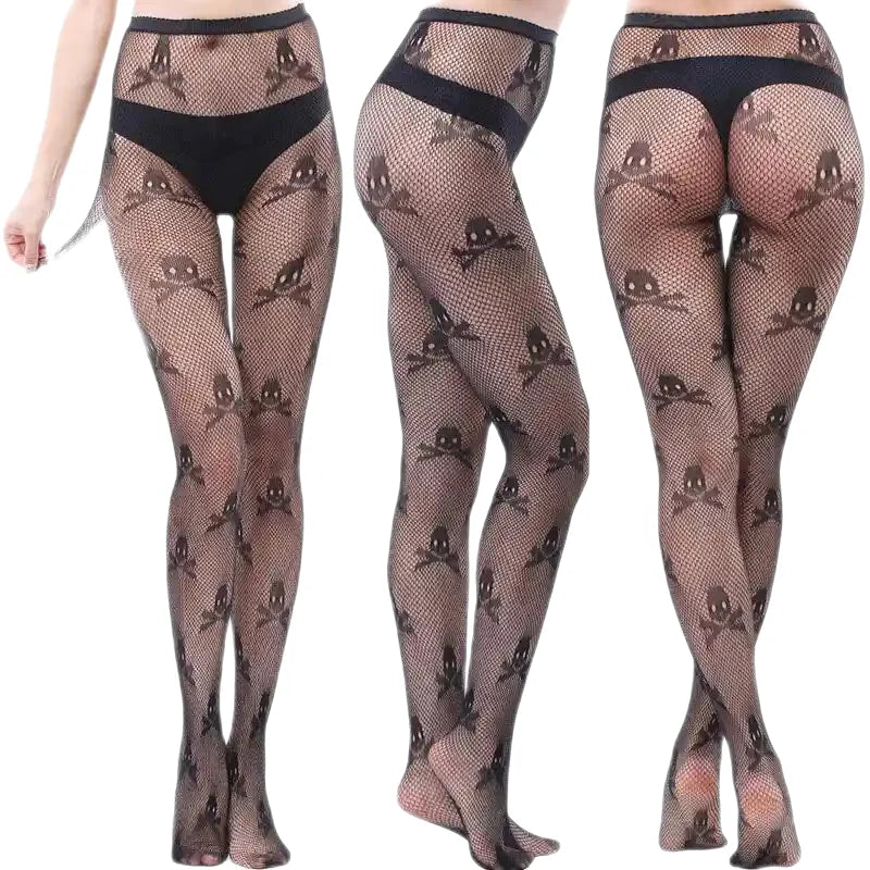 Openwork Mesh Stockings With Prints Black Tight Lingerie