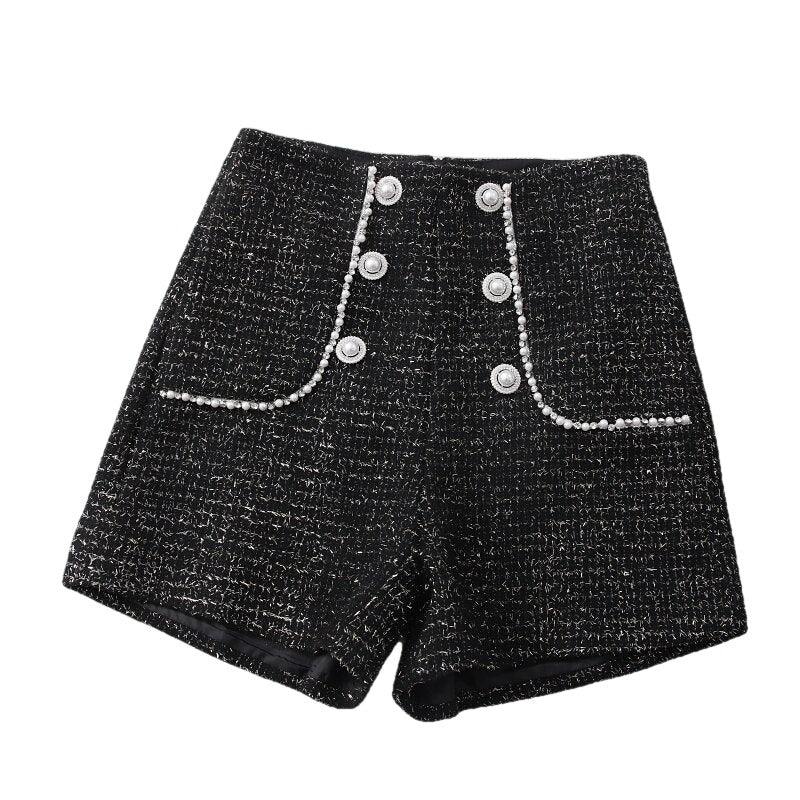 High Waist Tweed Shorts - BlacK / XL