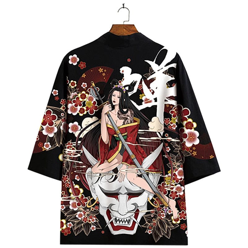 Mädchen-Samurai- und Dämon-Kanji-Kimono mit 3/4-Ärmeln