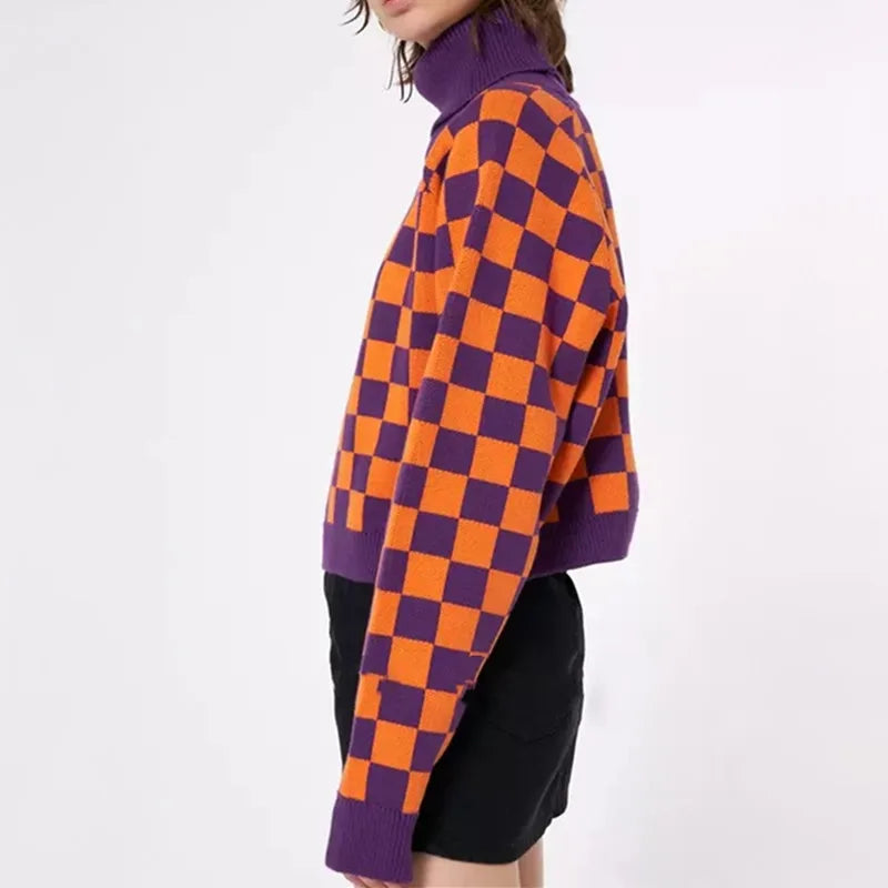 Contrast Checkerboard Turtleneck Knitted sweater