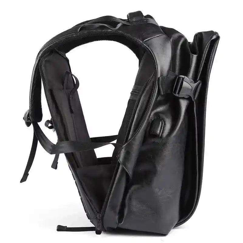 Black Waterproof Leather Laptop Backpack With USB Charging