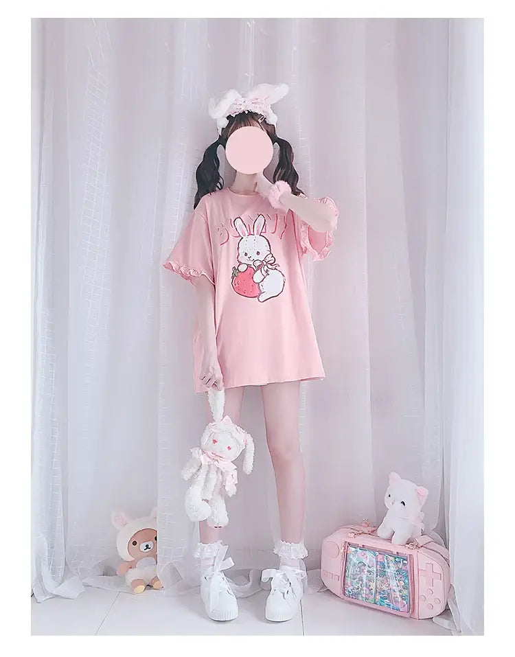 Cute Kawaii Strawberry Bunny Print Tshirt