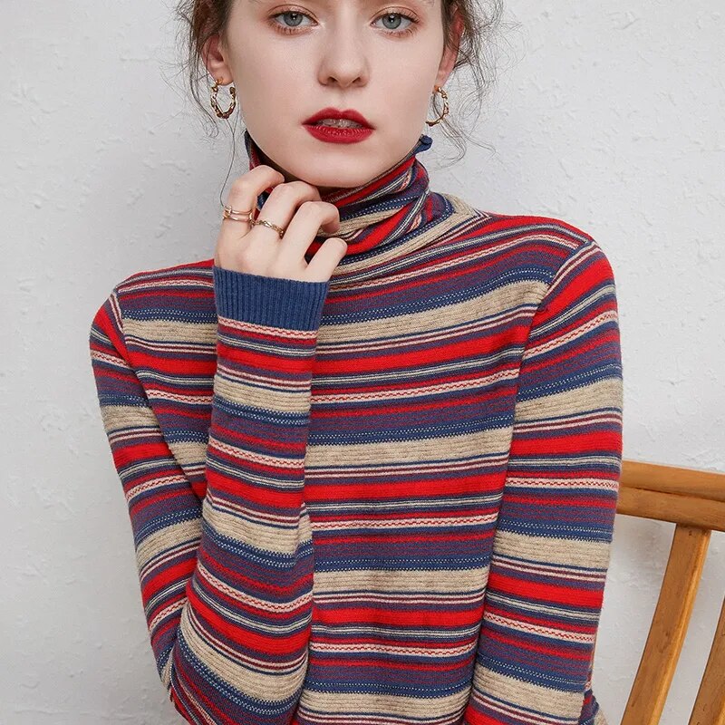 Striped Turtleneck Long Sleeve Sweatshirt - Red / S -