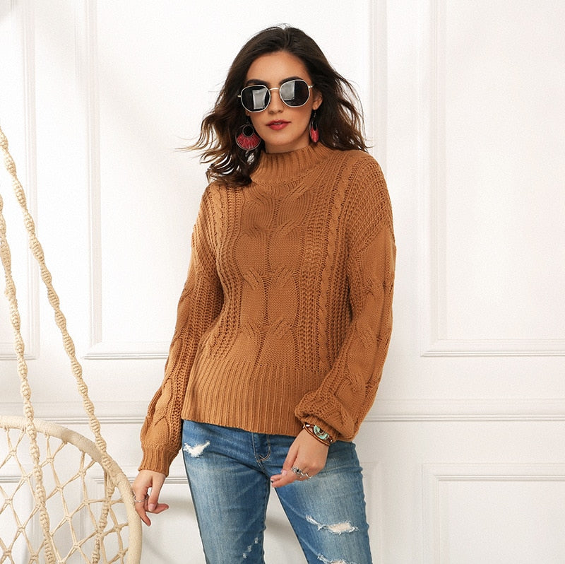 Turtleneck Solid Color Ribbed Knitted Sweater - Khaki / S