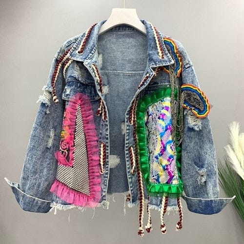 Regenbogen-Patchwork-Jeansjacke