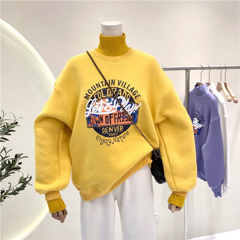 High Neck Letter Print Thick Warm Sweatshirt - Yellow / S -